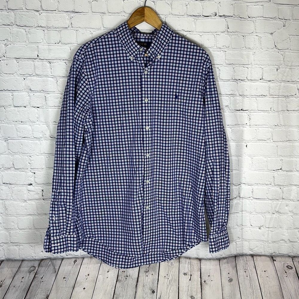 Polo by Ralph Lauren Classic Fit Shirt Blue Red Gingham Cotton 16 1/2 Large